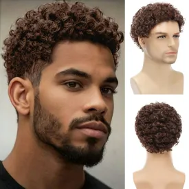 Afro Curly Brown Wig for Men Short Synthetic Halloween Cosplay Costume Replacement Hair Wigs