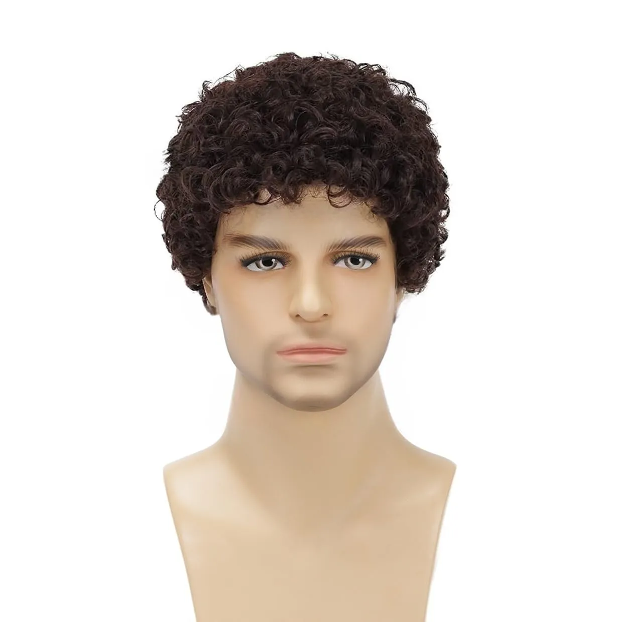 Afro Curly Dark Brown Wig for Men Short Synthetic Halloween Cosplay Costume Replacement Hair Wigs