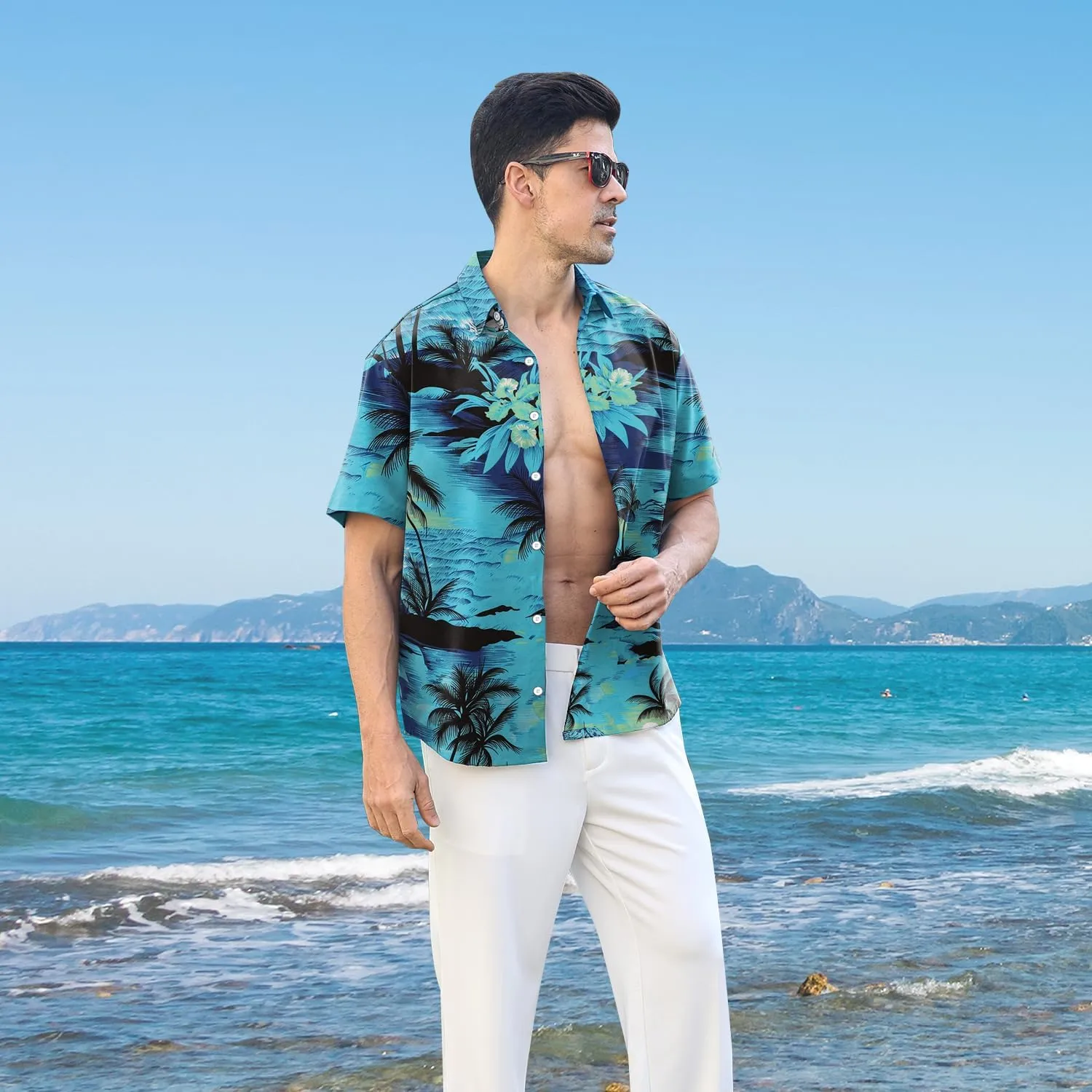 Hawaiian Shirt for Men Sleeves Printed Casual Button Down Summer Beach Dress Shirts