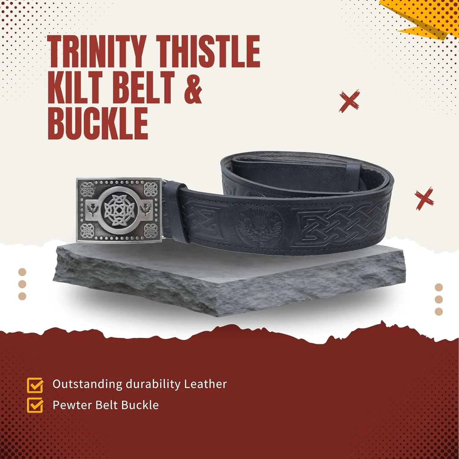 Kilt Belt and Buckle Set, Scottish Thistle Embossed Belt with Antique Celtic Trinity Buckles Pewter - Kilt Belts for Men