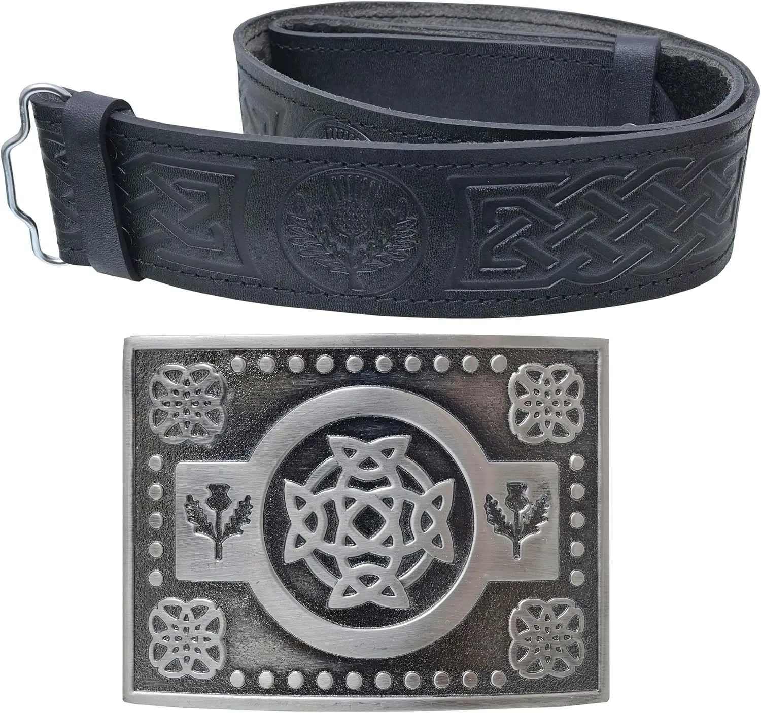 Kilt Belt and Buckle Set, Scottish Thistle Embossed Belt with Antique Celtic Trinity Buckles Pewter - Kilt Belts for Men