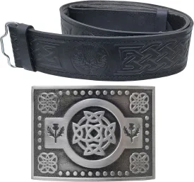 Kilt Belt and Buckle Set, Scottish Thistle Embossed Belt with Antique Celtic Trinity Buckles Pewter - Kilt Belts for Men