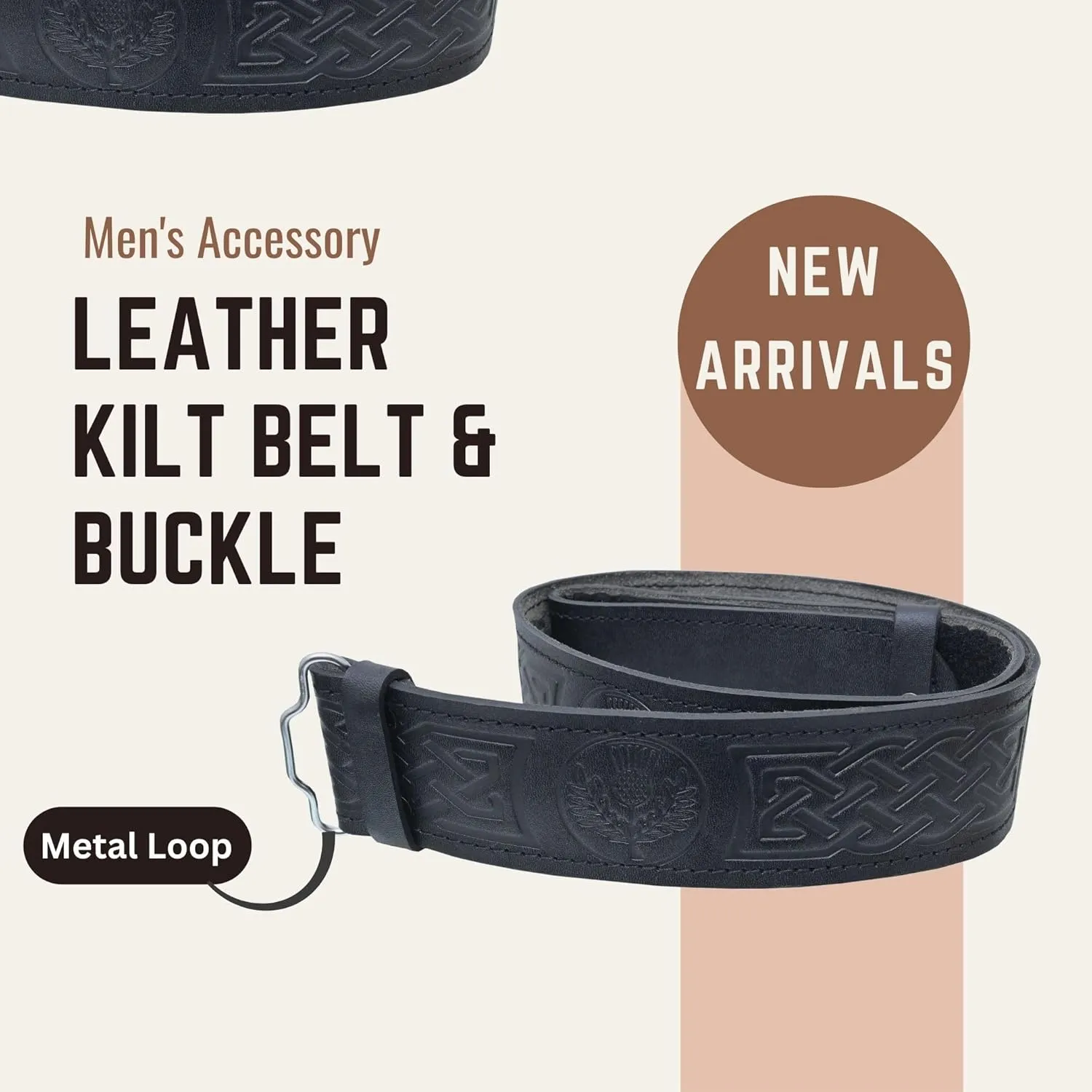 Kilt Belt and Buckle Set, Scottish Thistle Embossed Belt with Antique Celtic Trinity Buckles Pewter - Kilt Belts for Men
