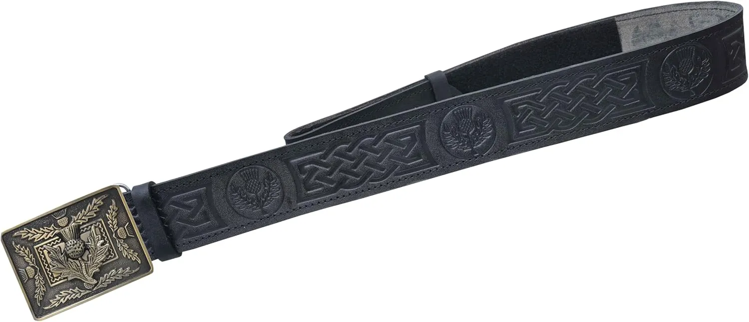 Kilt Belt and Buckle Set, Scottish Thistle Embossed Belt with Antique Celtic Trinity Buckles Pewter - Kilt Belts for Men