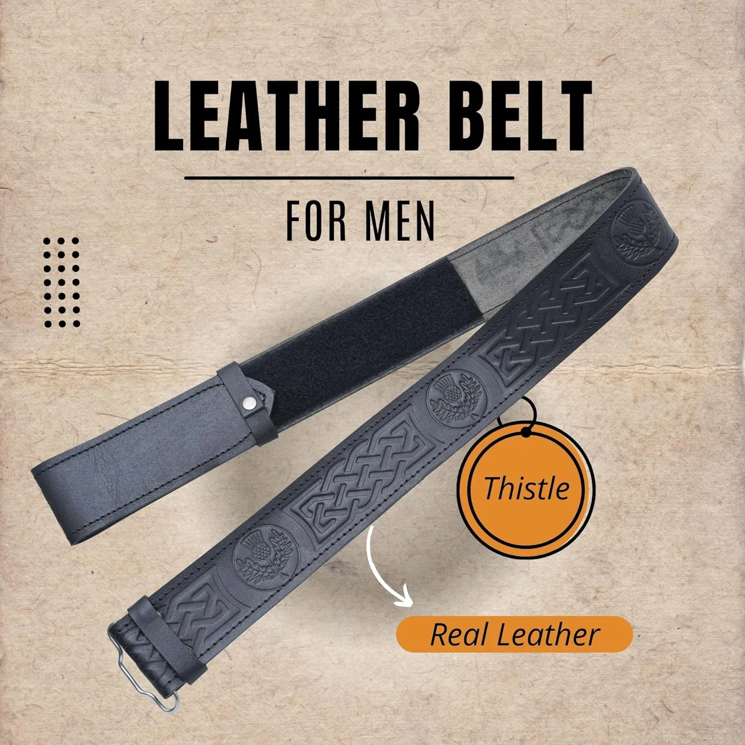 Kilt Belt and Buckle Set, Scottish Thistle Embossed Belt with Antique Celtic Trinity Buckles Pewter - Kilt Belts for Men