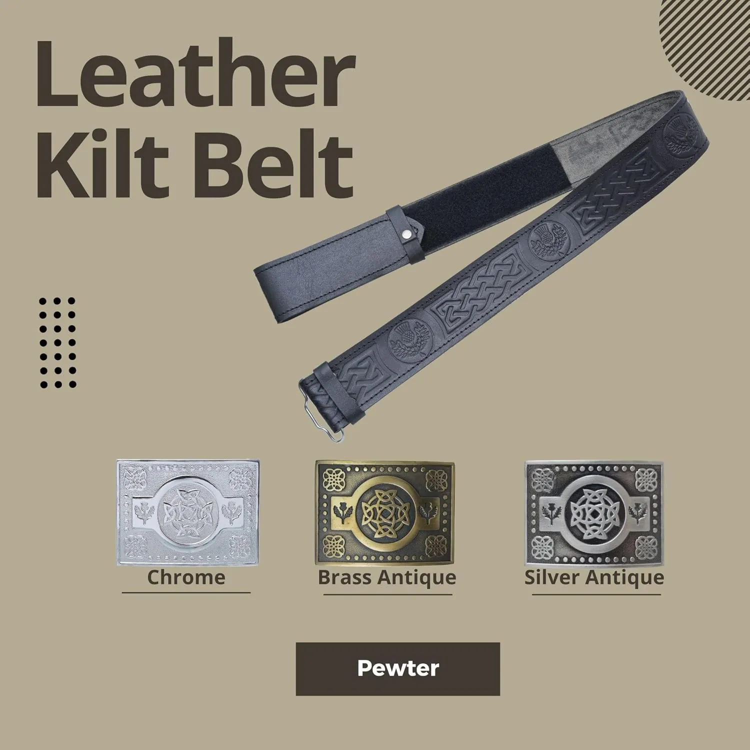 Kilt Belt and Buckle Set, Scottish Thistle Embossed Belt with Antique Celtic Trinity Buckles Pewter - Kilt Belts for Men