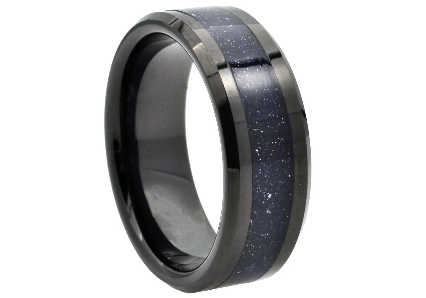 Mens Black Tungsten Band Ring With Blue Sandstone Inlay