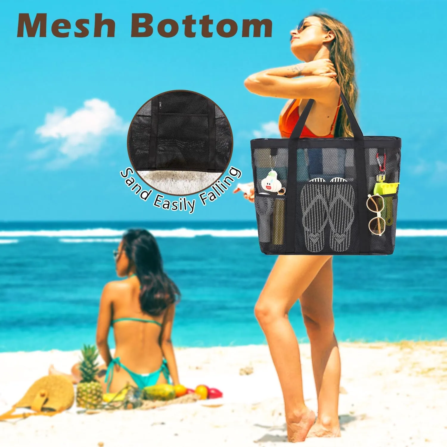 Mesh Beach Bag, Large Beach Tote with Zipper Pocket for Family Pool Bag for Toys & Vacation Essentials