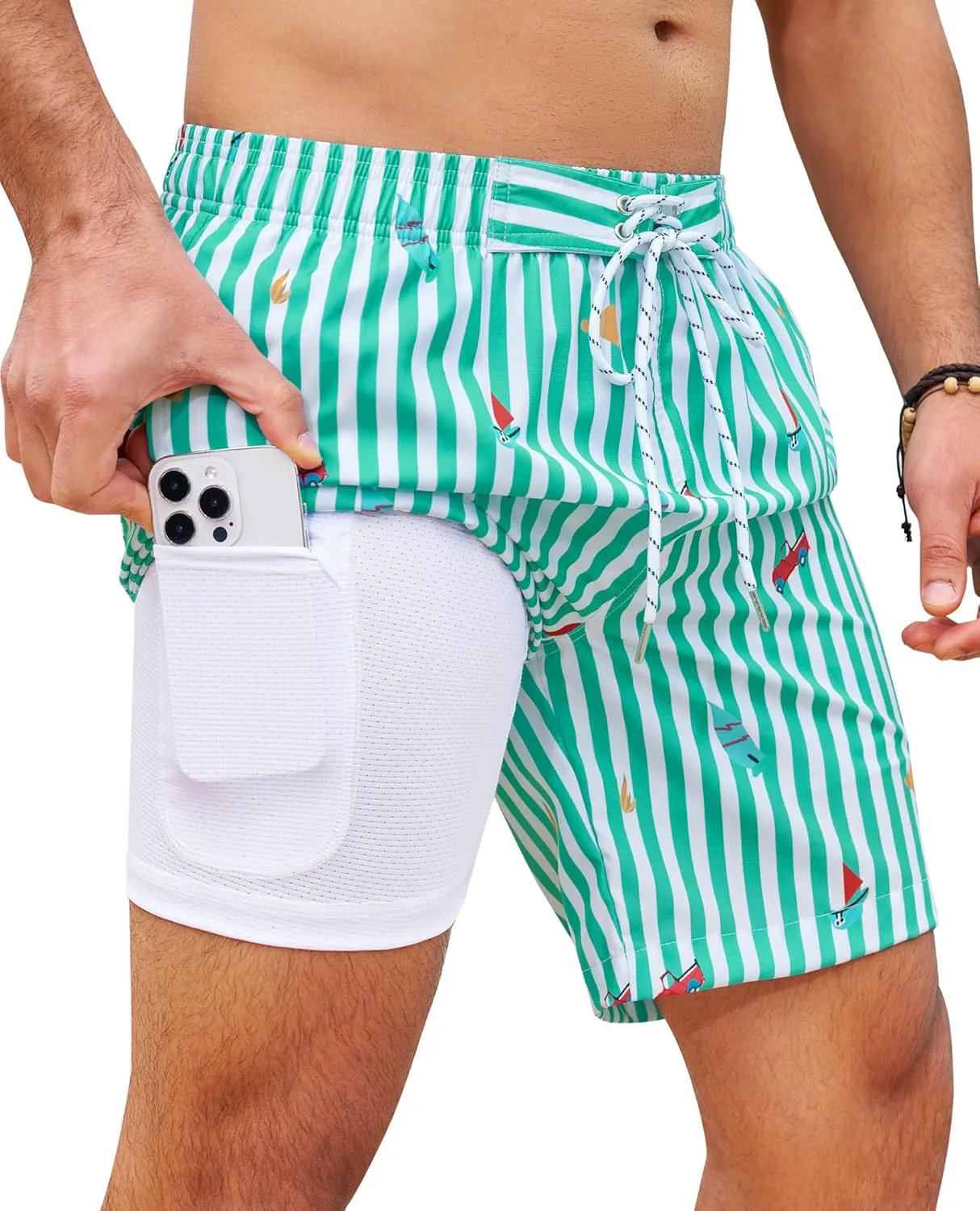 Milin Naco Mens Swim Trunks 7" Compression Liner Quick Dry 2 in 1 Board Shorts with Zip Pockets Bathing Suits for Men