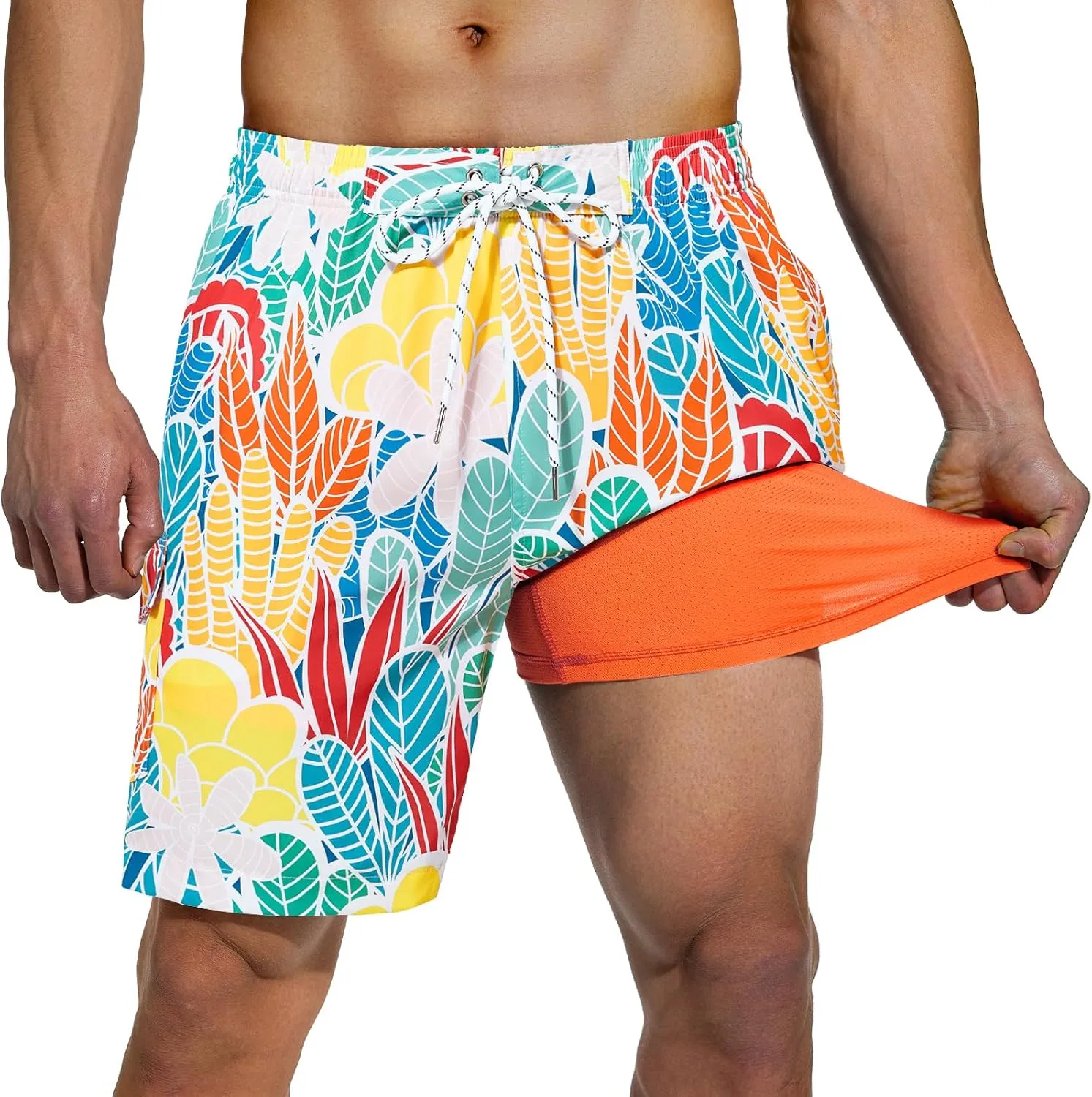 Milin Naco Mens Swim Trunks 7" Compression Liner Quick Dry 2 in 1 Board Shorts with Zip Pockets Bathing Suits for Men
