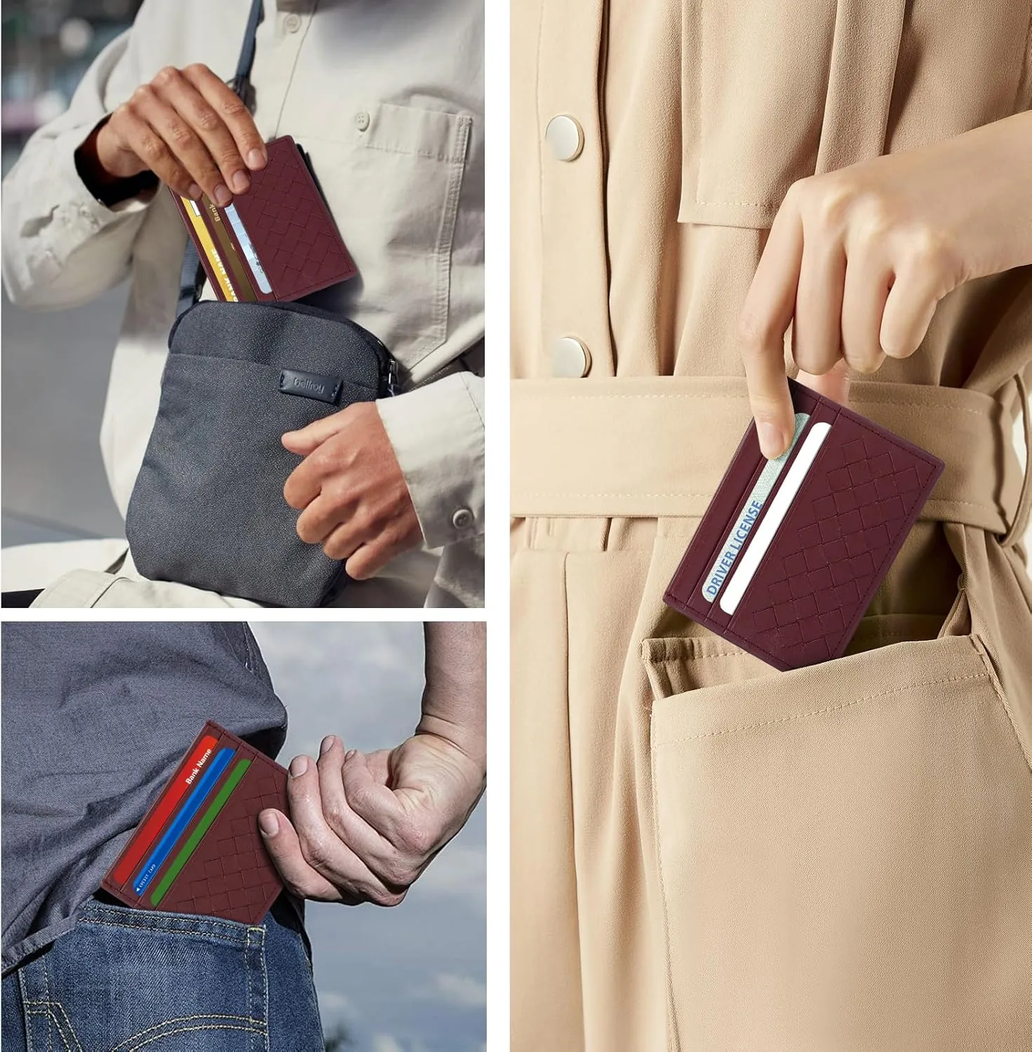Unaone Slim Minimalist Wallet - Credit Card Holder, Leather Front Pocket Wallet Card Case for Men & Women, Burgundy